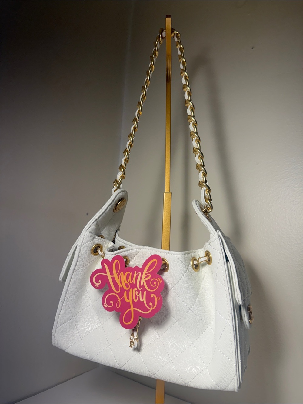 Elegant White Quilted Shoulder Bag with Gold Chain Detail